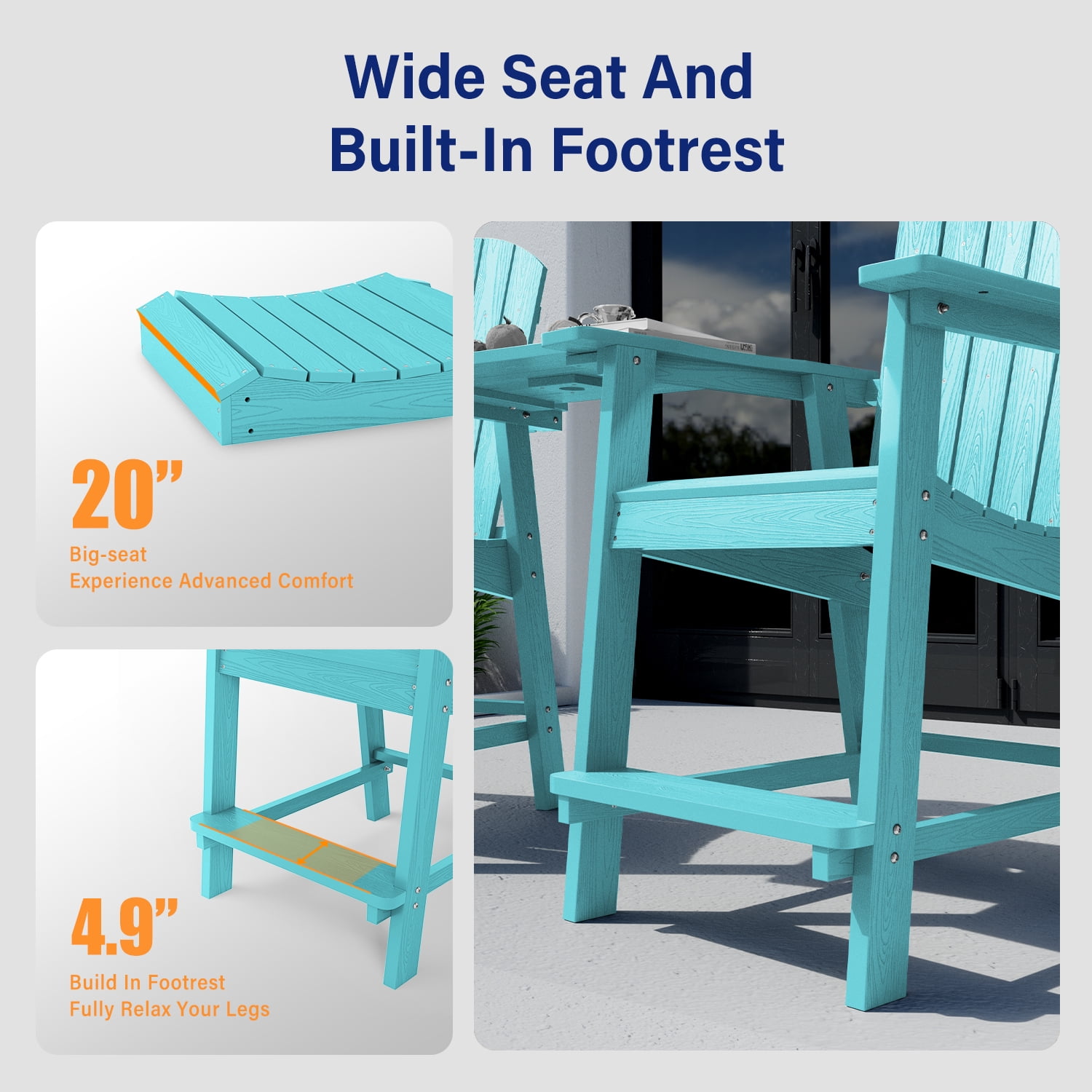 WINSOON Tall Adirondack Chair Set of 2 with Connecting Tray,Outdoor Bar Stools-Baby Blue