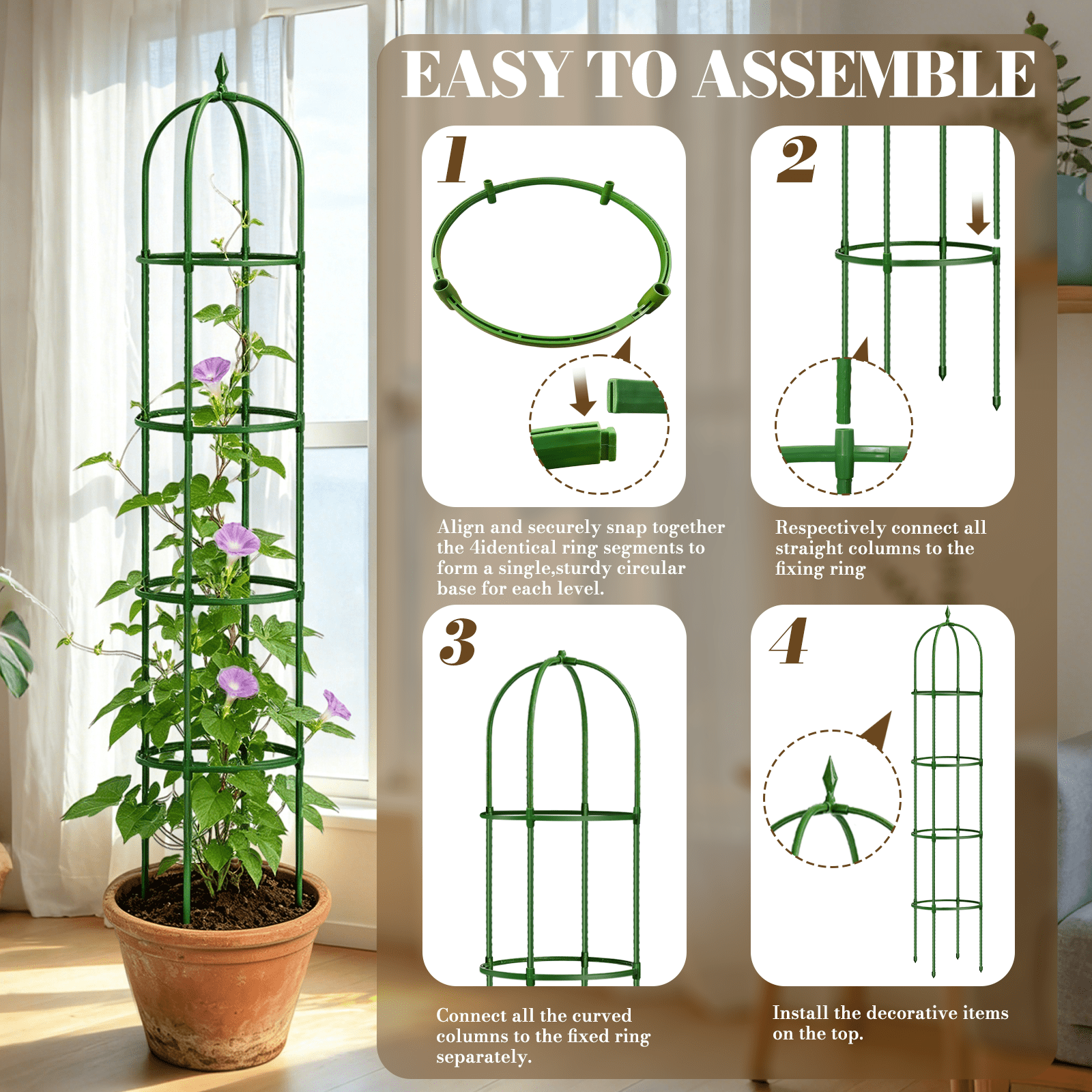 2 Pack Garden Obelisk Trellis for Climbing Plants,63" Metal Rustproof Plant Support Rose Trellis, Tower Potted Cages for Flowers Fruits Vegetable Vines Indoor & Outdoor, Green(4 Tiers)