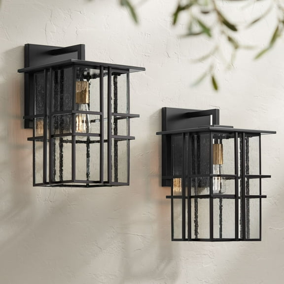 Possini Euro Design Arley Modern Industrial Outdoor Wall Light Fixtures Set of 2 Black 16" Seedy Glass for Post Exterior Barn Deck House