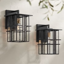 Possini Euro Design Arley Modern Industrial Outdoor Wall Light Fixtures Set of 2 Black 16" Seedy Glass for Post Exterior Barn Deck House