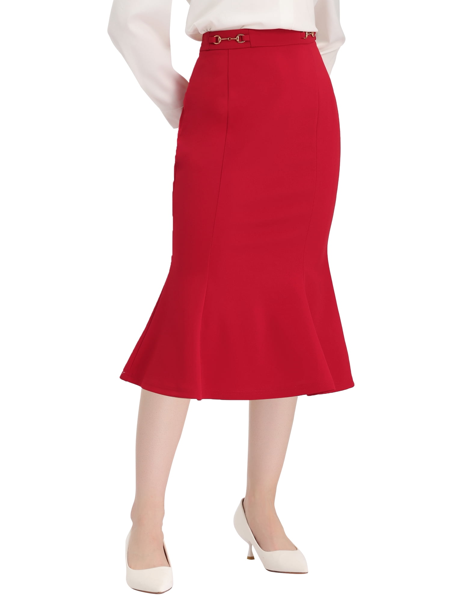 Unique Bargains Women's Mermaid Hight Waist Fishtail Pencil Midi Skirt M Red