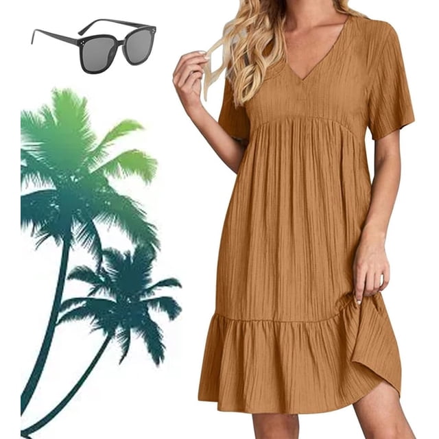 Ropa de mujer retro con cuello en V, vestido fluido de cintura informal suelto de color sólido para mujer, vestidos retro para mujer