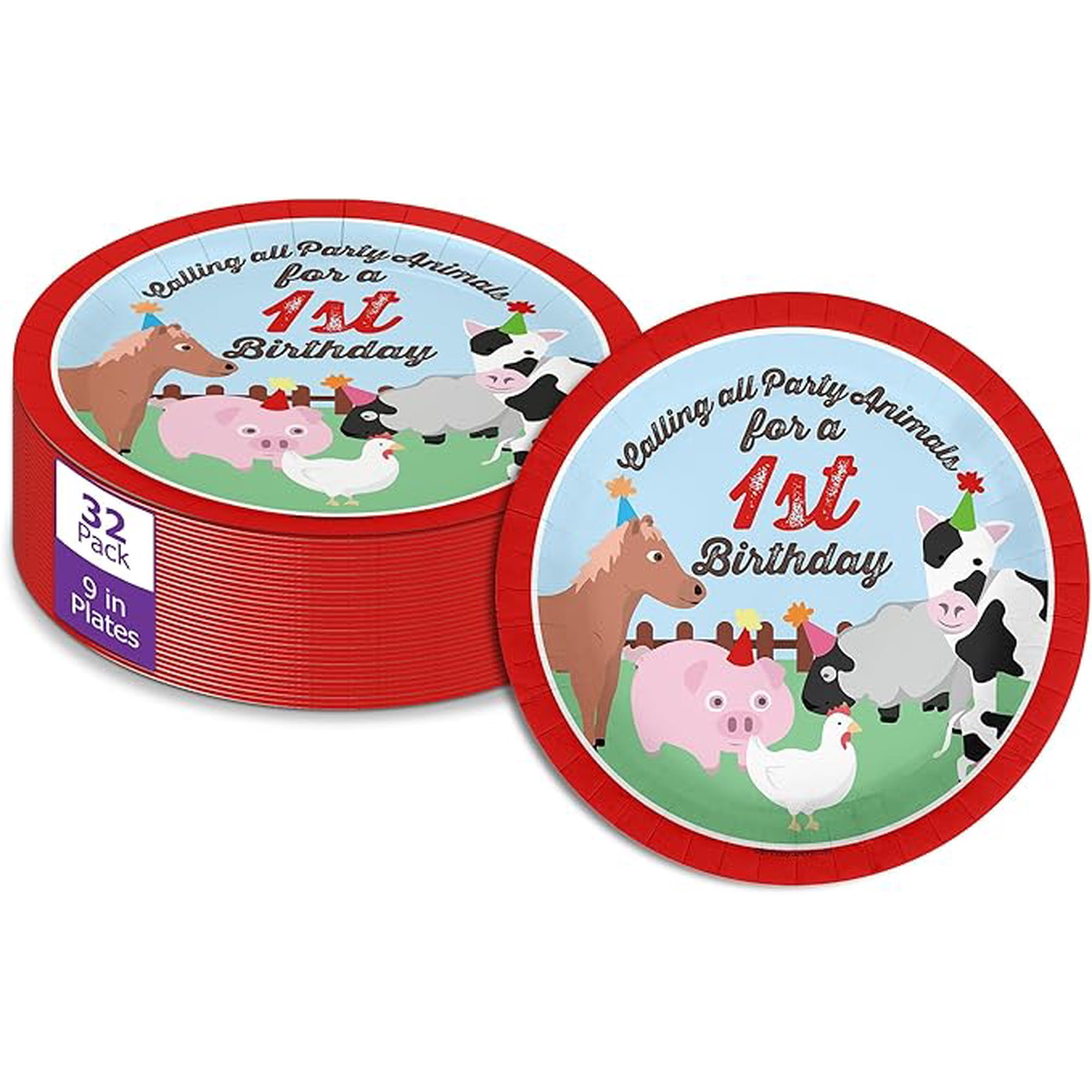 Farm Animals Boy's First Birthday - 32 Piece Disposable Party Supplies - Decorations for Barnyard Animals 1st Birthday Round Party Plates - Large 9" Paper Plates In Bulk