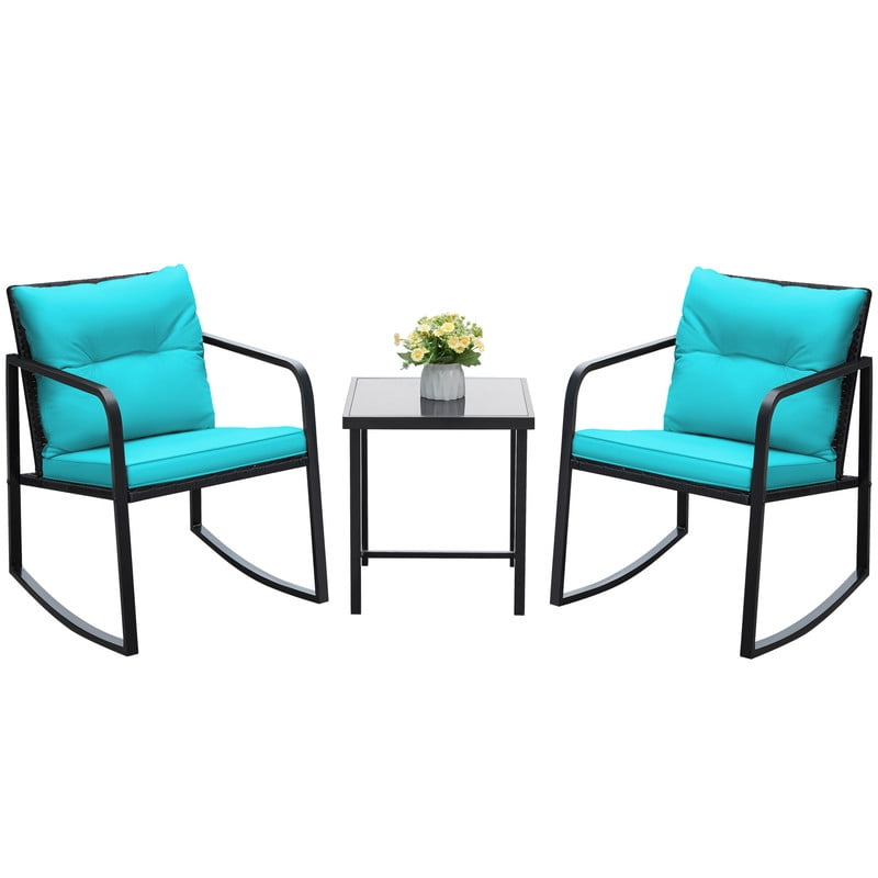 Vineego 3 Pieces Patio Conversation Sets Outdoor Rocking Chair PE Rattan Bistro Rocker with Coffee Table, Blue