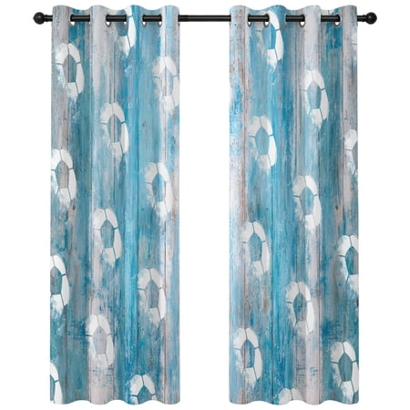 Bohemian Soccer Blackout Curtains 84 Inches Long Rustic Boho Farmhouse Football Match Blue Wood Grain Thermal Insulated Room Darkening Drapes with Grommets for Living Room 52 W x 84 L 2 Panels