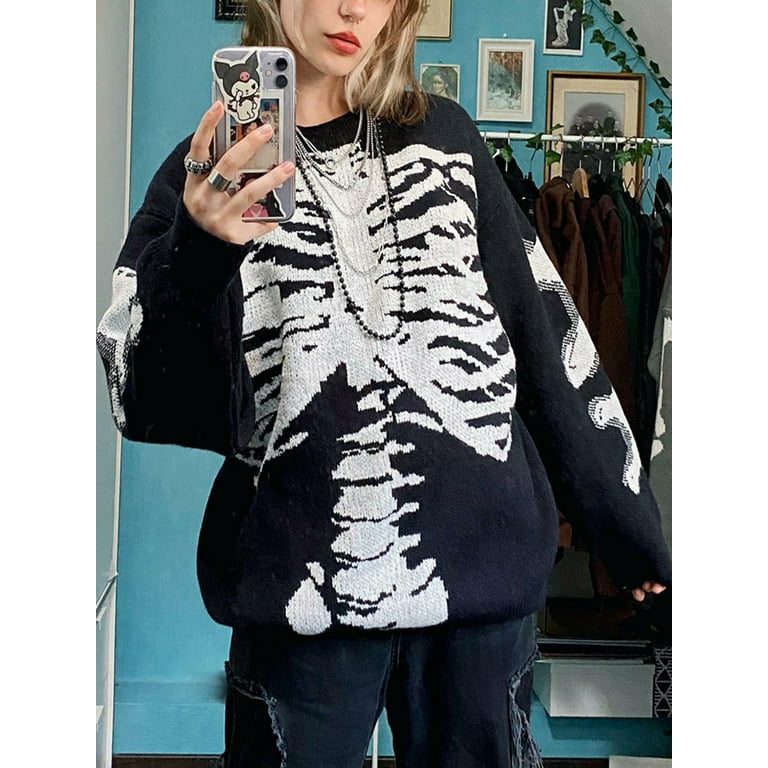 Women s Skeleton Printed Graphic Halloween Sweater Vintage Knitted Sweater Long Sleeve Round Neck Loose Fit Pullover Jumper Walmart