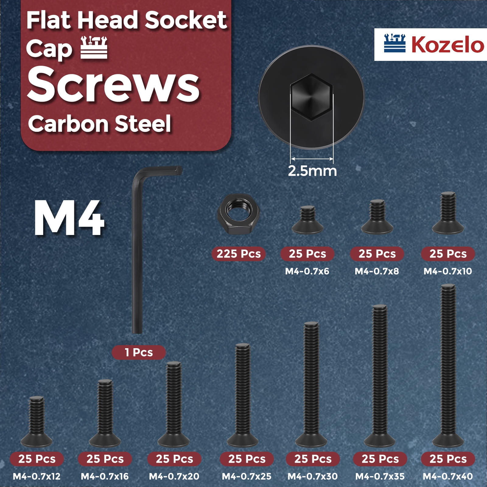 Uxcell 450 Pcs Flat Socket Cap Screws - [M4x0.7x6/8/10/12/16/20/25/30/35/40], Carbon Steel Countersunk Bolt, Black, for Automotive, Furniture Repair, Industrial Equipment Fixes