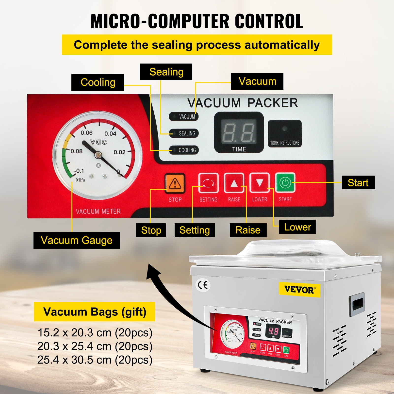 VEVOR Chamber Vacuum Sealer, DZ-260A 6.5 cbm/h Pump Rate, Excellent Sealing Effect with Automatic Control, Commercial Kitchen Foods Packaging Machine Used for Fresh Meats, Fruit Saver 110V