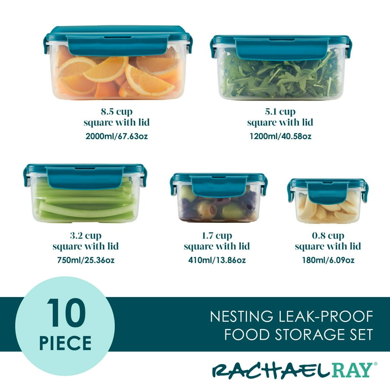 Rachael Ray Leak-Proof Nestable Container Food Storage Bin Set, 10-Piece  Square, Teal Lid