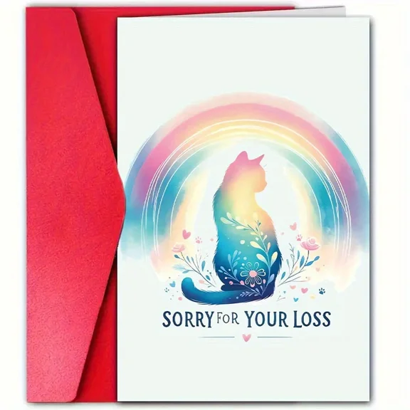 Sorry for Your Loss Cat Sympathy Card – Colorful Rainbow Cat Design with Envelope – Thoughtful Condolence Greeting for Pet Loss Support