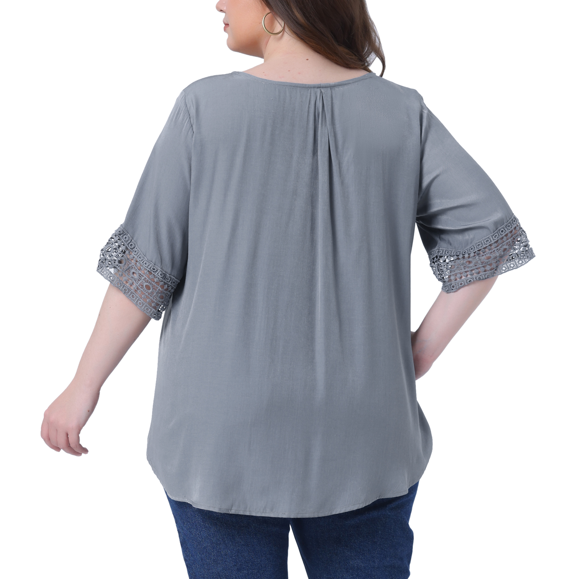 Women's Plus Summer Tops Lace Crochet Short Sleeve Casual Blouses 1X Light Gray