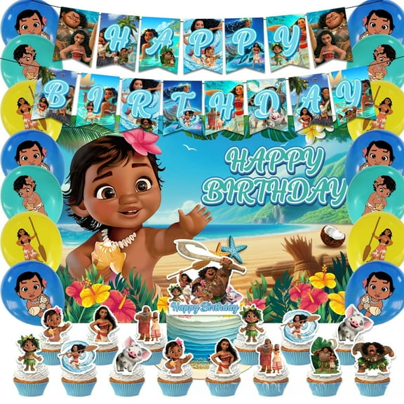 Moana cartoon theme birthday party supplies decoration, Moana set includes birthday banners, background, balloons, cake decorations, suitable for boys and girls birthday party supplies