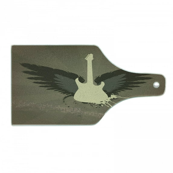 Modern Cutting Board, Music Theme Rock Talent Wings Guitar Instrument Art Print, Decorative Tempered Glass Cutting and Serving Board, Wine Bottle Shape, Charcoal Grey Mustard, by Ambesonne