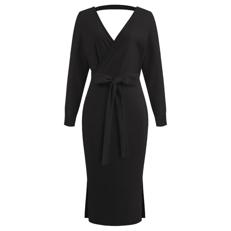 JGGSPWM Women's Long Sleeve Knit Midi Dress Wrap Front Tie Waist V Neck Hip  Wrap Warm Dresses Black XL - Walmart.com