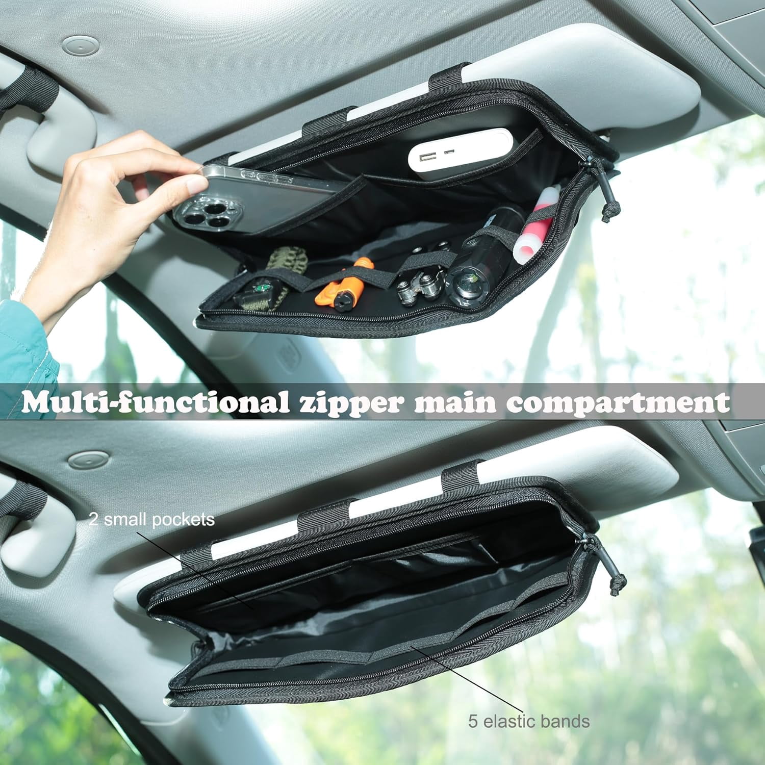 Heavy Duty Molle Car Sun Visor Organizer - Tactical Accessories with Zipper Storage Pouch,Glasses Clip and Card Sleeve Pocket, Multi-Pocket Pouch for Cars SUVs Trucks