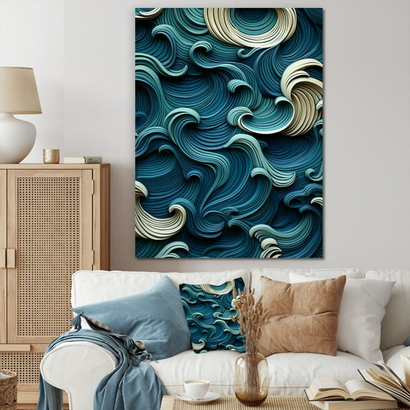 Designart "Impressions of Blue and White Wave Tiles II" Abstract Canvas Wall Art - Modern White Abstract Modern Waves Entryway Wall Art