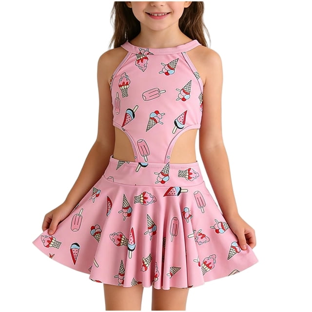 Girls Swimsuit Set, Kids Two Piece with Shorts, Toddler Rash Guard Alternative, Round Neck Hanging Neck Design, Childrens Bathing Suit for Pool Beach, Cute Summer Vacation Wear for 1-6 Years