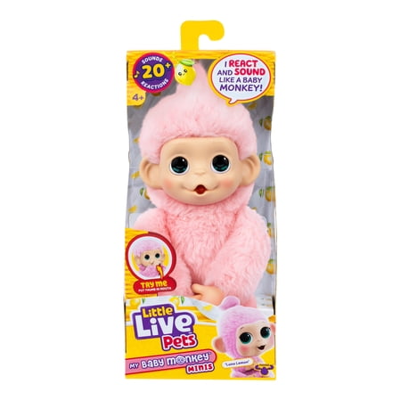 Little Live Pets Baby Monkey Minis – Luna Lemon. Interactive Pet Toy. 20+ Sounds & Reactions. Soft Pink Fur. 7.4" Tall. Collect All 3. Ages 4+