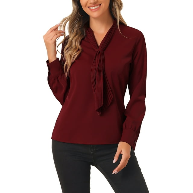INSPIRAR CHIC Blusas de Manga Larga para Mujeres Chifón Plisado con Cuello de Lazo Camisa de Oficina Talla M Rojo Oscuro