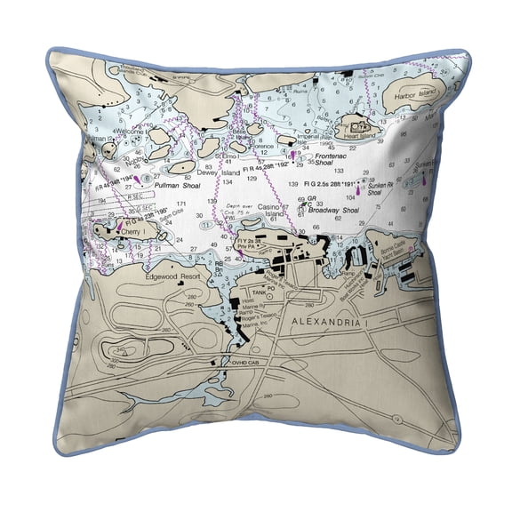 Betsy Drake Alexandria Bay, NY Nautical Map Extra Large Zippered Indoor/Outdoor Pillow 22x22
