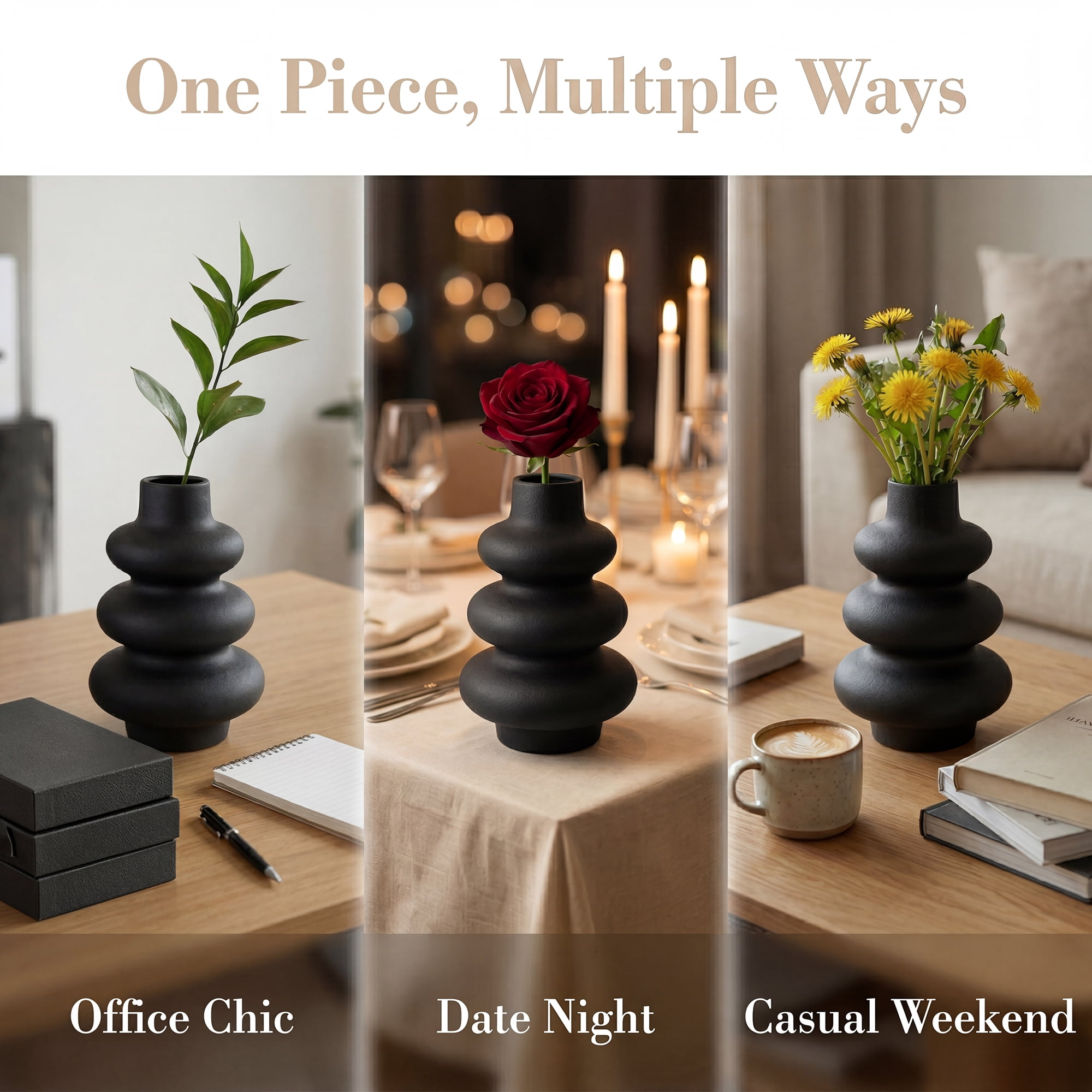 Unique Bargains Ceramic Modern Ripple Textured Decorative Vase Black 5.4"L x 5.4"W x 8"H
