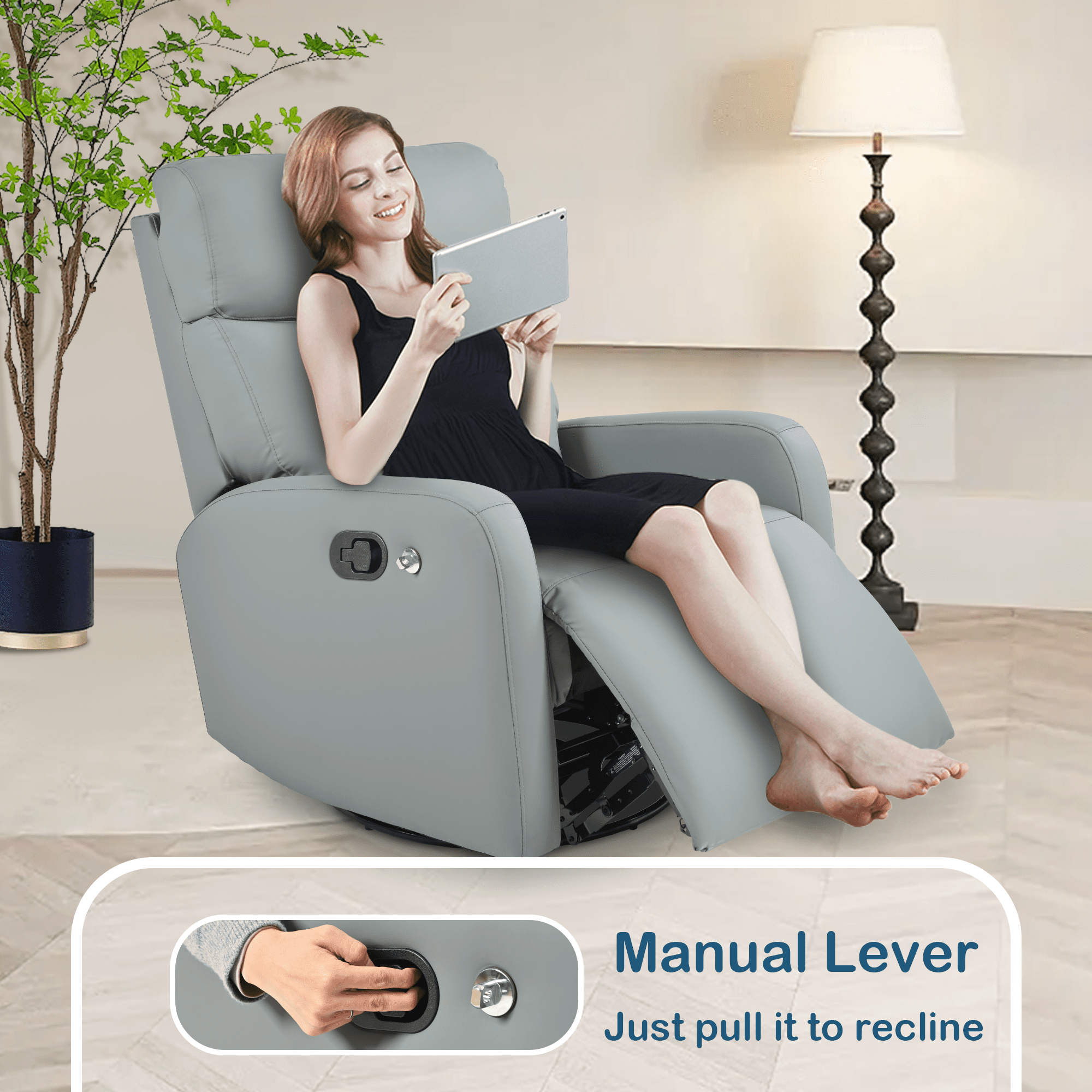 Dinosisco Swivel Recliner with Phone Holder, Faux Leather Glider Rocker, Home Theater Seat, Blue Gray