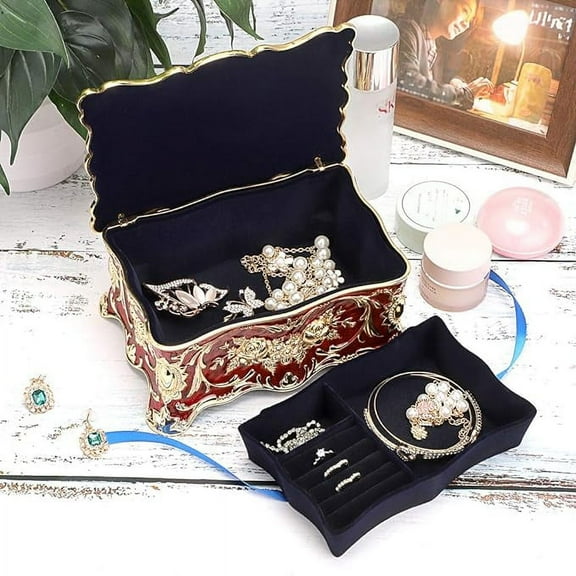 Jewelry Organizer, Jewelry Box, Red Zinc Alloy Rhinestone Vintage Flower Rectangular Jewelry Box with Exquisite Velvet Lined and Partition Design to Keep Jewelry From Dust and Scratches, Red