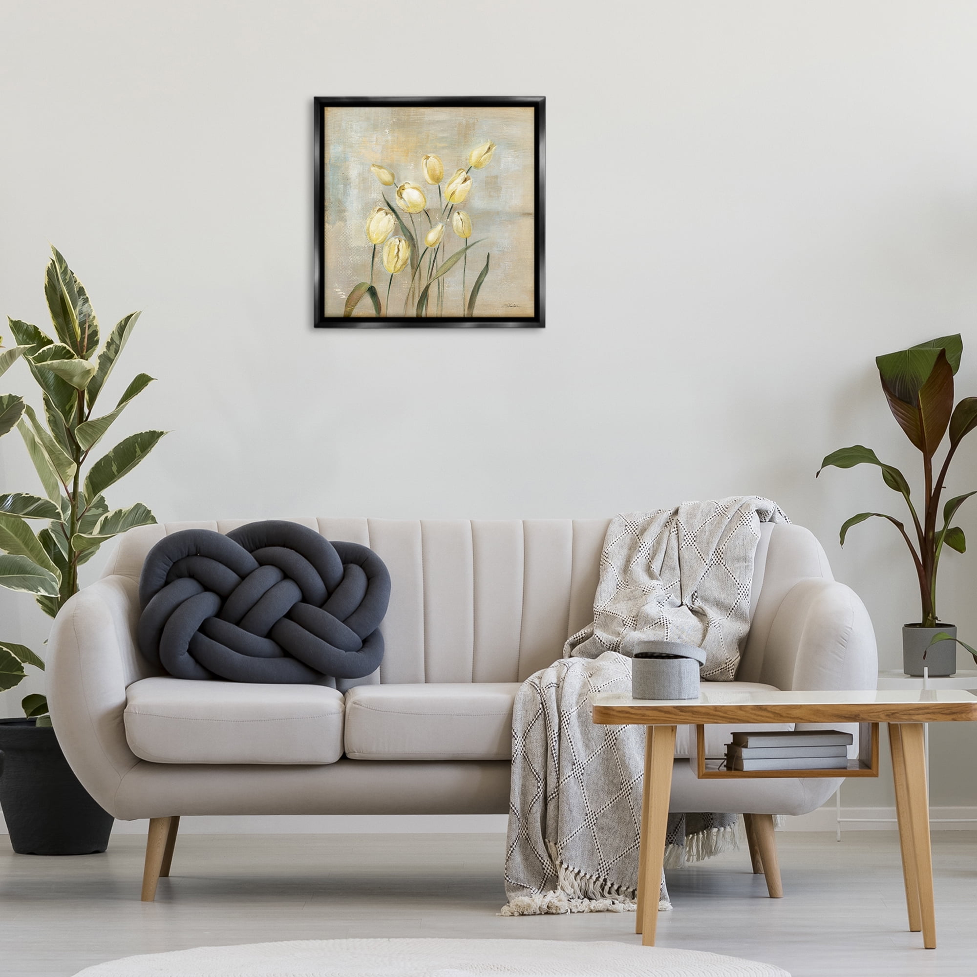Stupell Industries Yellow Tulips on Beige Botanical & Floral Painting Black Floater Framed Art Print Wall Art, 25 x 25