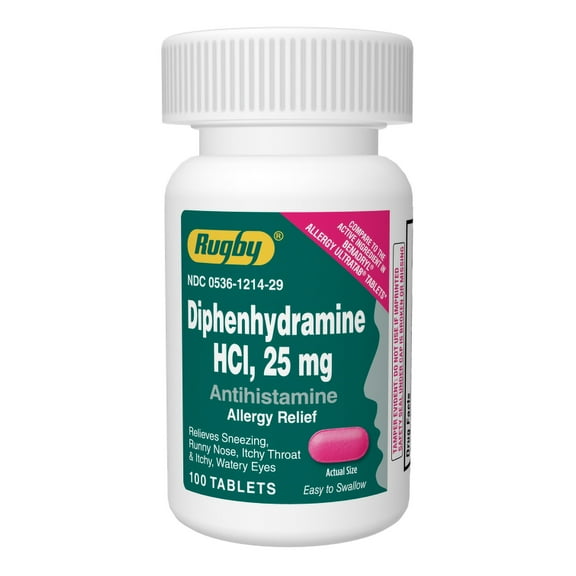 Rugby Diphenhydramine HCl 25 mg Antihistamine Allergy Relief - 100 Tablets