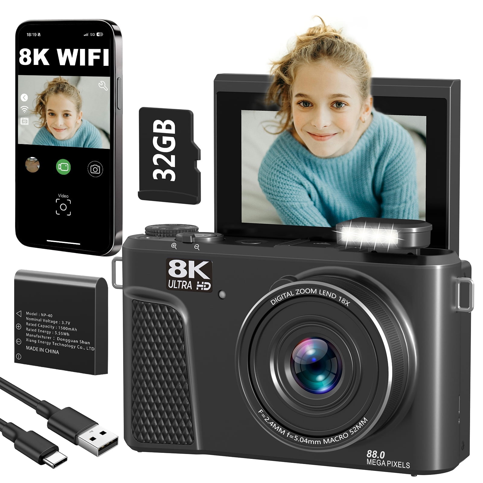Saneen 8K Digital Camera for Photography 88MP Vlogging Camera for YouTube with 3'' 180° Ultra HD Flip Screen 18X Zoom WiFi Autofocus Video Cameras Gray