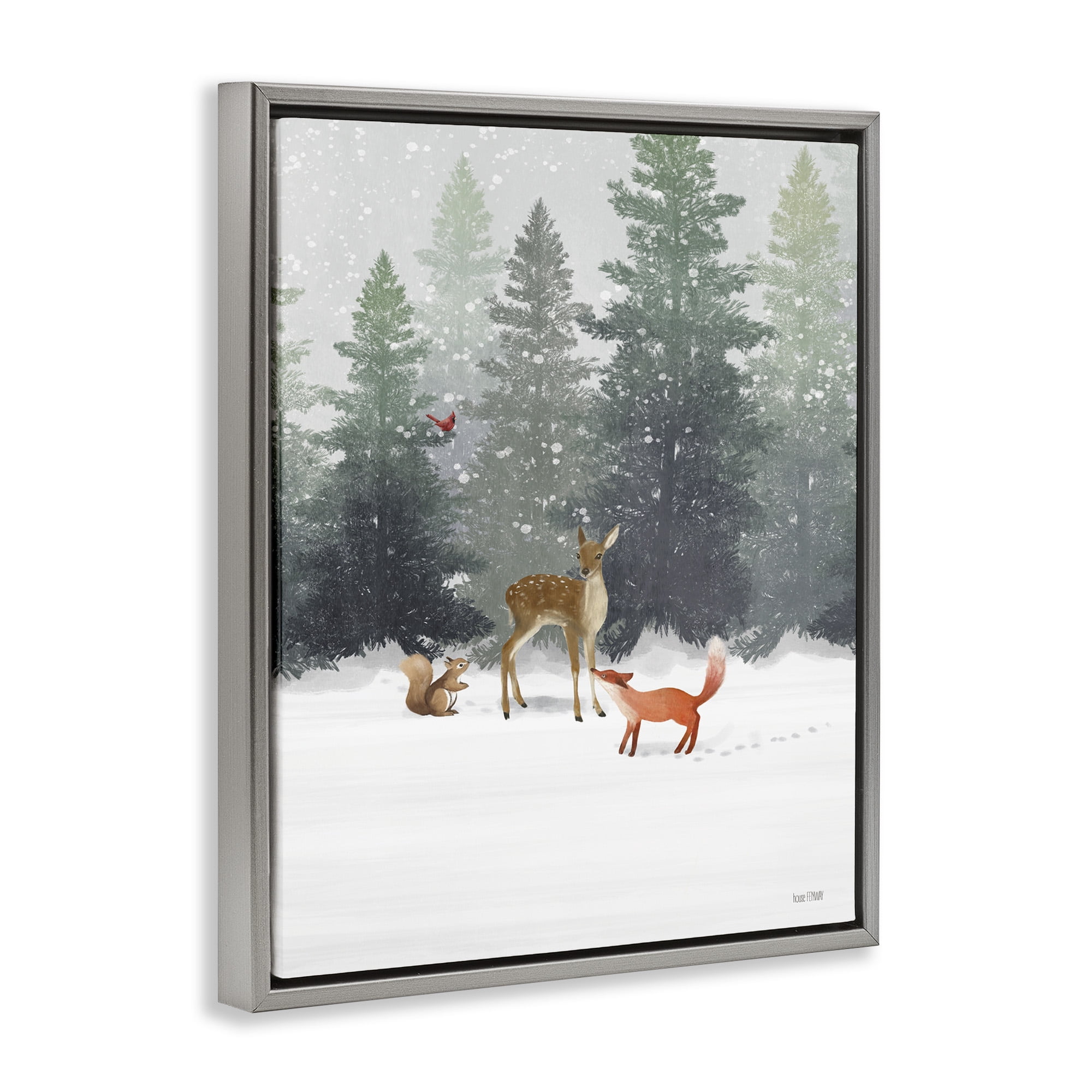 Stupell Industries Winter Season Forest Animals Fox Deer Squirrel Luster Gray Framed Floating Canvas Wall Art, 16x20, by House Fenway