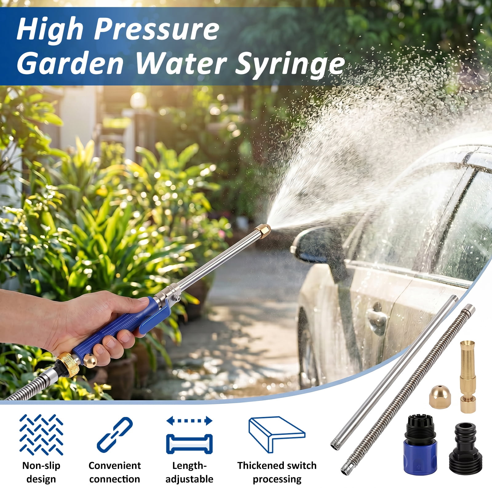 Jet Nozzle High Pressure Hose Nozzle with Extension with Extension Pole 3 Different Nozzles Quick Connectors for Car Washing Gutter Cleaning Watering 18.3 Inch