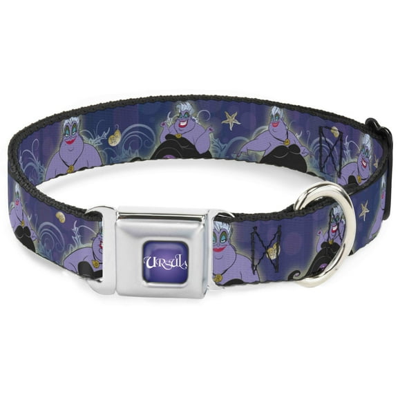 Disney Pet Collar, Dog Collar Metal Seatbelt Buckle, Ursula Poses Shells Ivy Bubbles Purples Blues, 16 to 23 Inches 1.5 Inch Wide