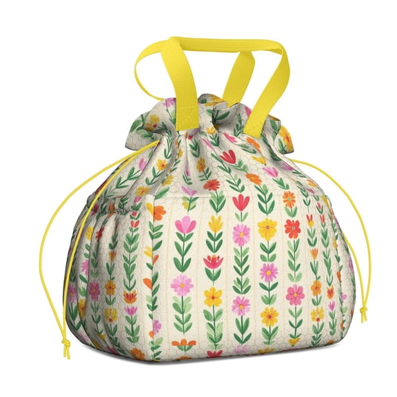 Pioneer Flower Drawstring Lunch Bag Women - Drawstring Lunch Bag Insulated for Work Office - Stain-Resistant Large Lunchbags for Women with Multi-Pockets