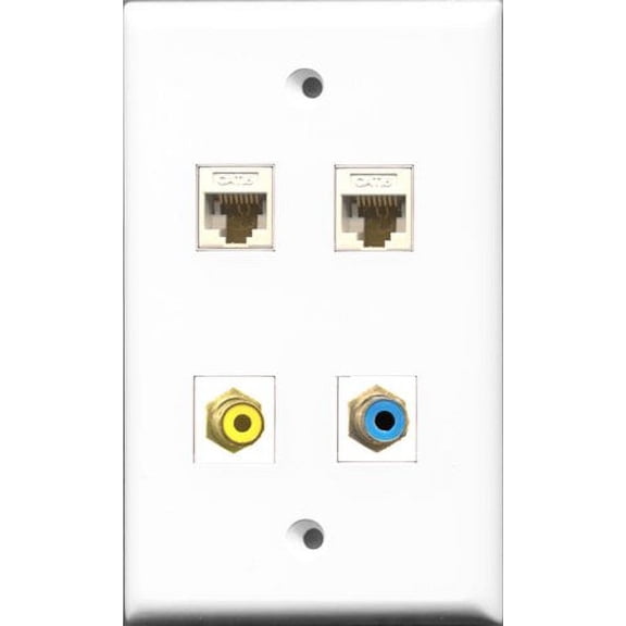 RiteAV 1 Port RCA Yellow and 1 Port RCA Blue 2 Port Cat6 Ethernet White Wall Plate