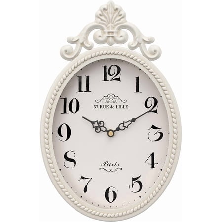 Small French Retro Decorative Wall Clock, Ivory White Vintage Oval Style,Silent Battery Operated Boho Decor Wall Clocks for Farmhouse,Kitchen,Bedroom,Bathroom(10.4 H x 6.7 W)