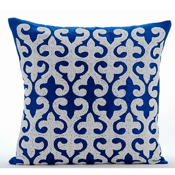 Pillow Cover, Blue Pillow Shams, Arabic Applique Turkish Pillow Sham, 24x24 inch (60x60 cm) Pillow Shams, Square Silk Pillow Sham, Art Deco Pillow Shams, Modern, Damask - Blue Royale