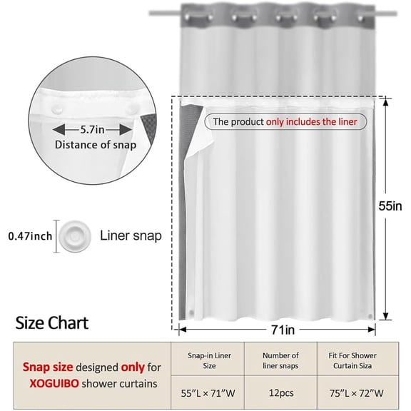 UYGDUY-Snap-in Fabric Replacement Liner 71" W x 55" L, for 72" W x 75" L No Hook Shower Curtain
