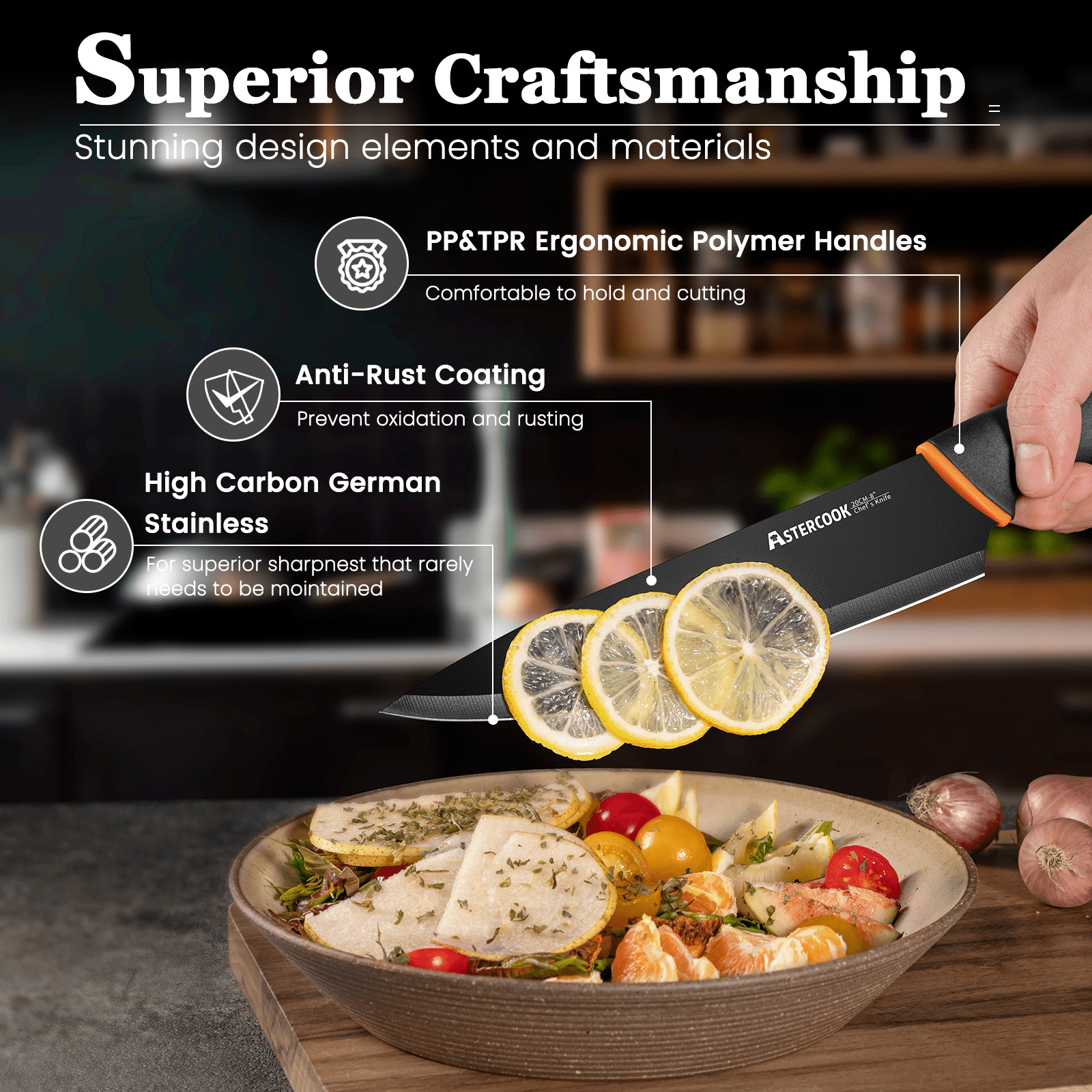 Astercook 14-Piece Kitchen Knife Set with Block, High Carbon German Stainless Steel, Built-in Sharpener, Dishwasher Safe, Black