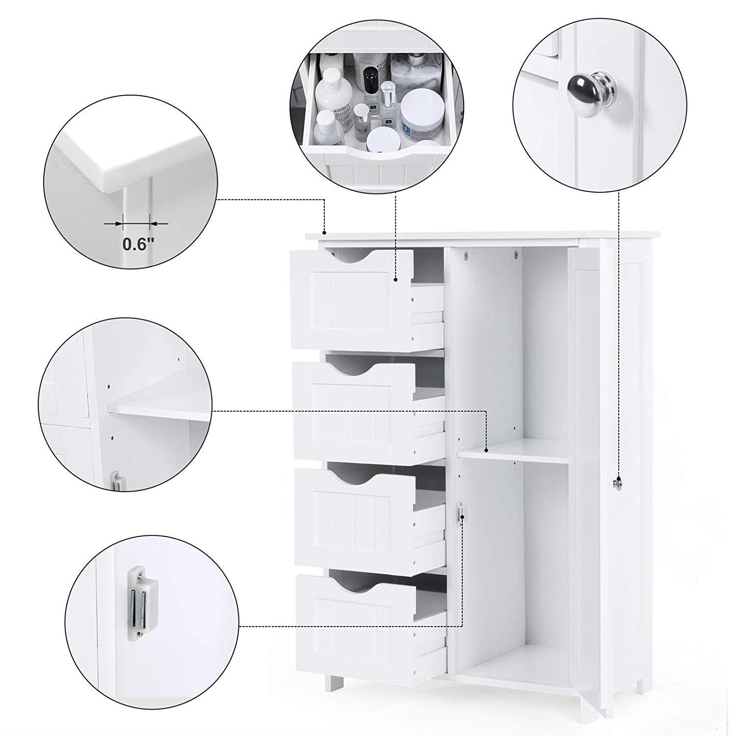 Zimtown Modern Storage Cabinet, Wooden Bathroom Floor Cabinet with 4 Drawers and Storage Cupboard 2 Shelves, Free Standing, White