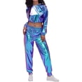 thumbnail image 5 of QHFBli Womens Shiny Metallic 2 Piece Outfits Colorblock Holographic Jogger Long Sleeve Crop Hoodie Sweatsuit Sets, 5 of 5