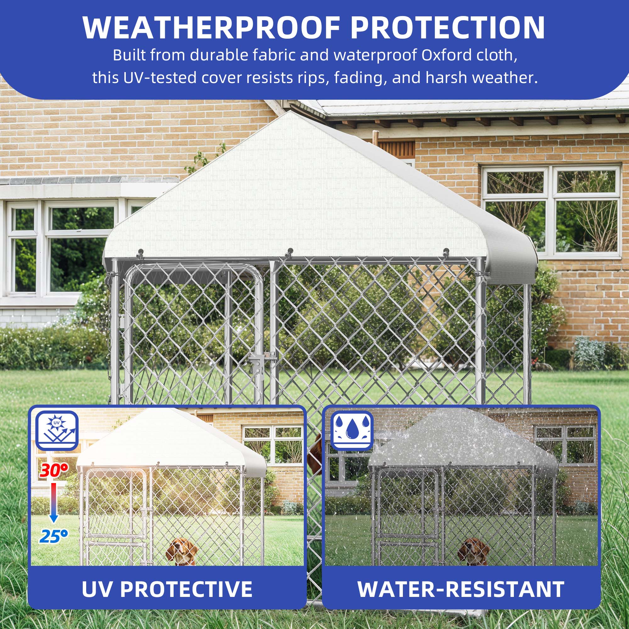 ModFusion 48" Outdoor Dog Kennel with Roof – Heavy-Duty Galvanized Steel & Knotted Mesh Pet Cage, UV-Protective & Water-Resistant Cover, Dual-Door Lock, Silver