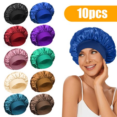 TSV 10pcs Satin Bonnet Silk Hair Bonnet for Sleeping Soft Sleep Cap for Women with Elastic Wide Band