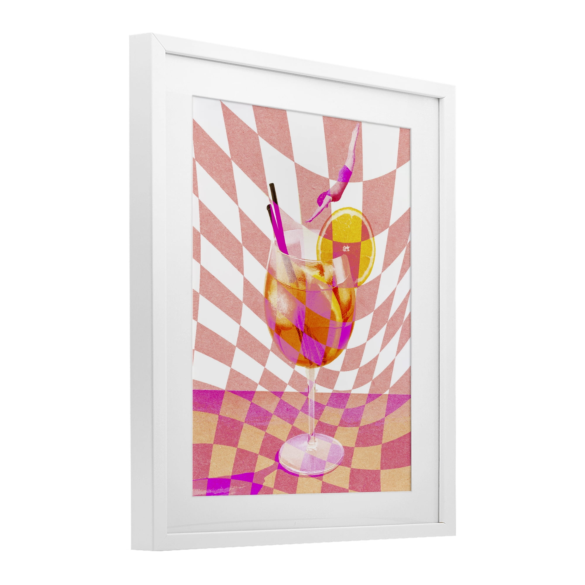 Retro Checkered Summer Cocktail White Framed Print Under Glass, design by Lil' Rue