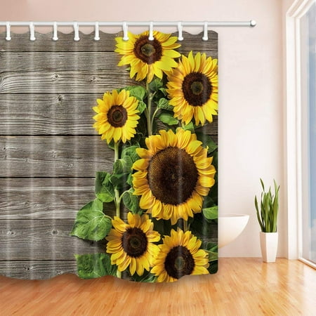 ARTJIA Plants Theme Sunflower on the Wooden Polyester Fabric Bath Curtain, Bathroom Shower Curtain 66x72 (Best Plants For Bathroom With No Window)
