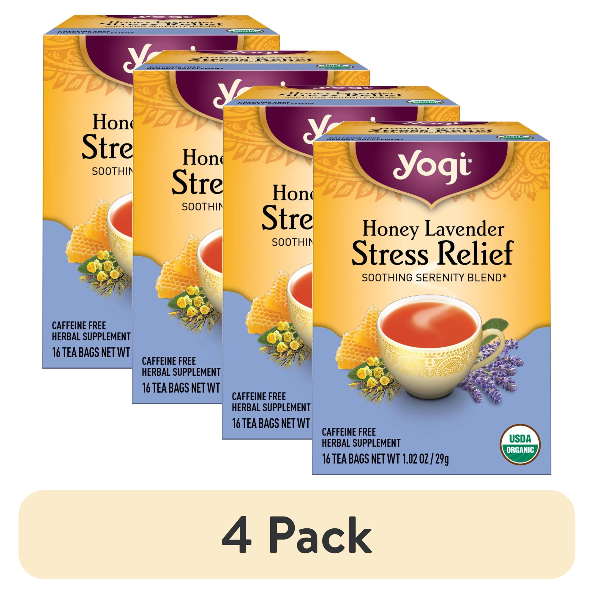 (4 pack) Yogi Honey Lavender Stress Relief, Organic Herbal Wellness Tea Bags, 16 Count