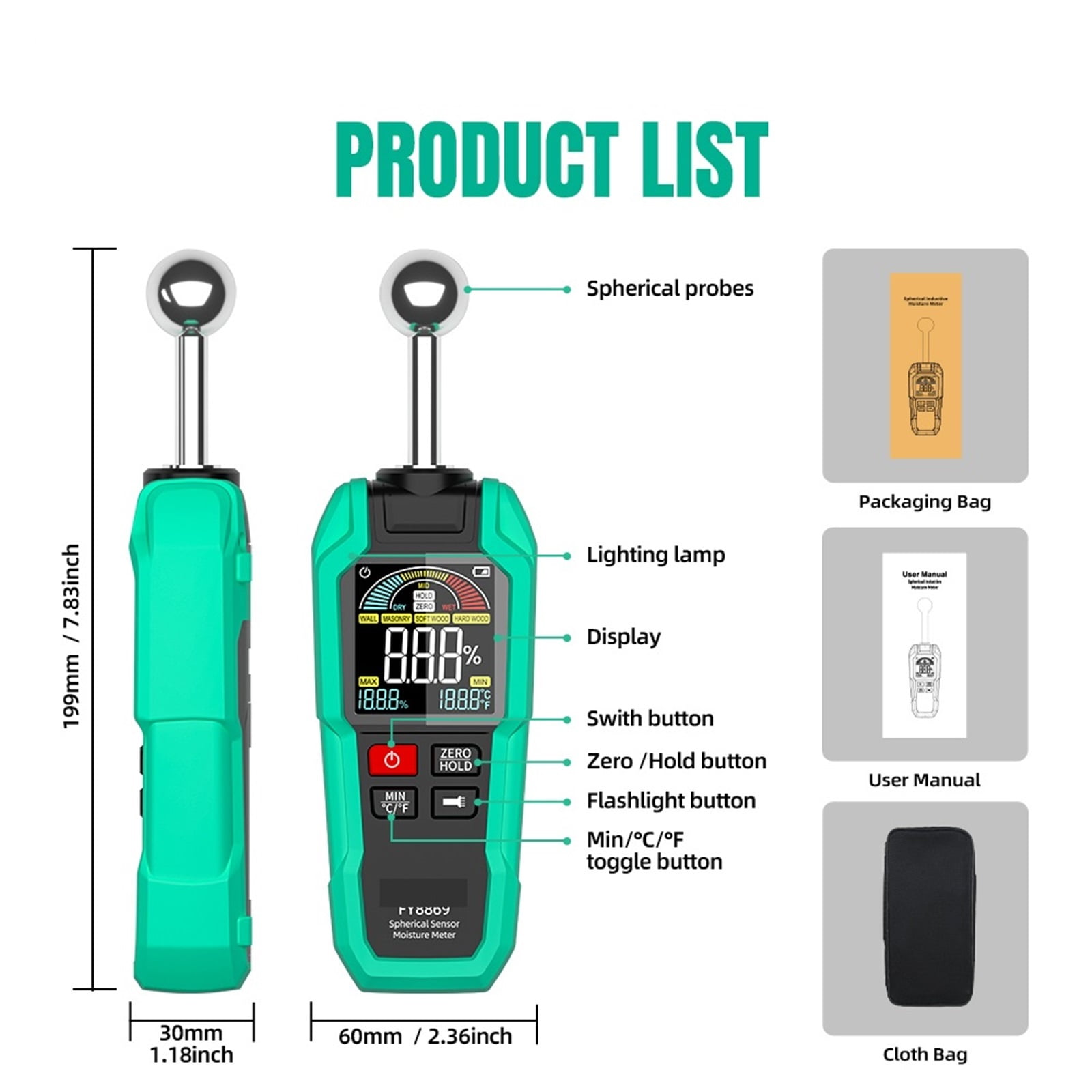Digital Wood Moisture Meter Non-destructive Spherical Hygrometer Record Humidity Auto Detect Timber Damp Detector