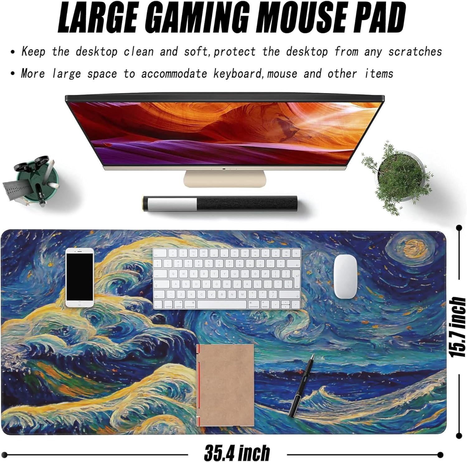 Desk Mat, Great Wave Off Kanagawa Extended Large Gaming Mouse Pad for Desk XXL, Non-Slip Rubber Base Stitched Edges Long Computer Keyboard Desk Pad Mouse Mat for Home Office Gaming 35.4"X15.7"