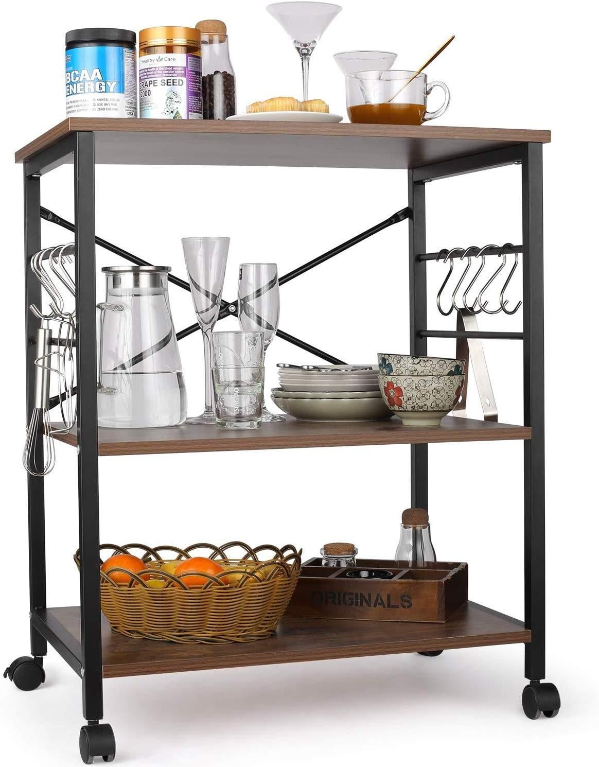 OYEAL Kitchen Cart on Wheels 3 Tier Rolling Cart with Wheels Microwave Cart with Storage Baker's Rack for Kitchen with 10 Removable Hooks