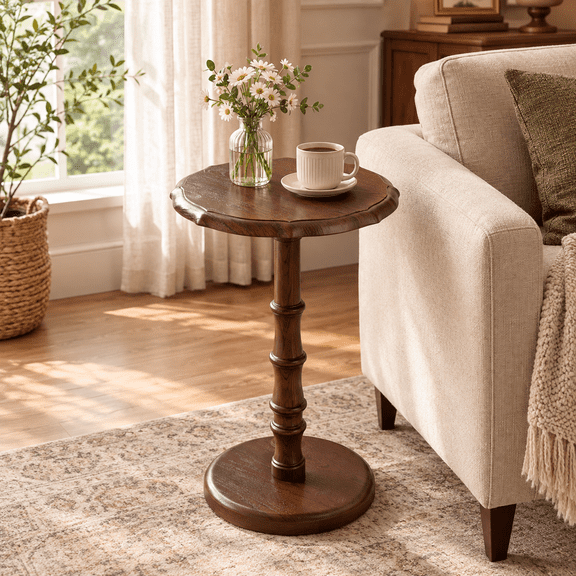 NKGIAG Round Side Table, 100% Solid Wood End Table with Pedestal Base for Living Room, Walnut